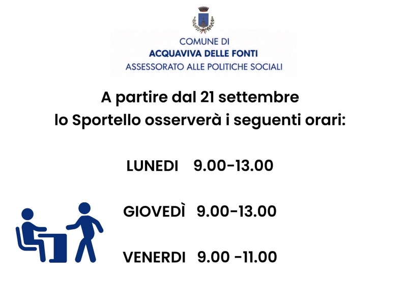 Sportello per i cittadini presente nella sala Angelillo - comunicazione nuovi orari 